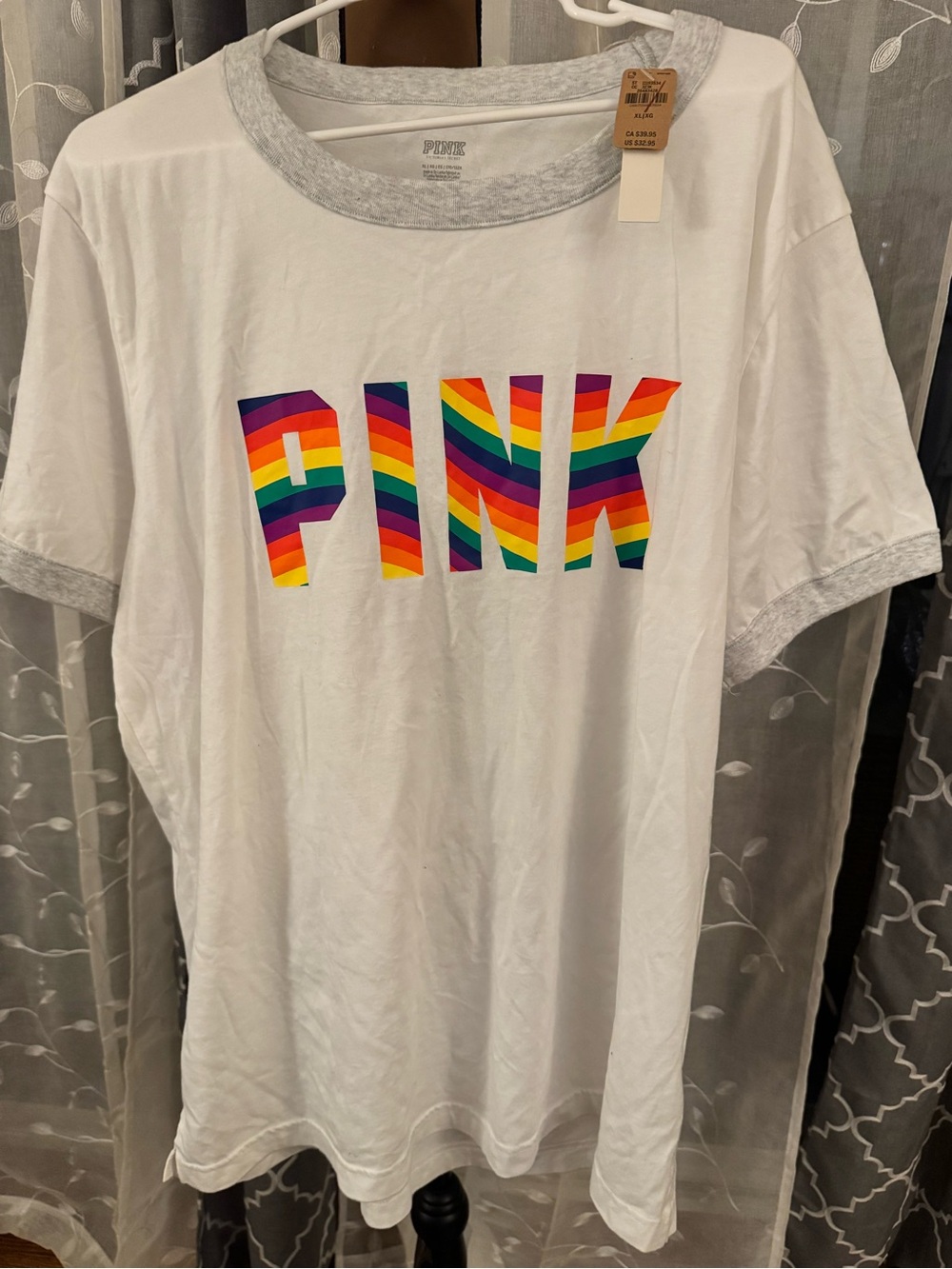 PINK Victoria's Secret White Tee with Rainbow Stripe Logo